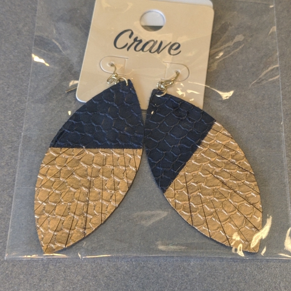 Navy drop leaf feather earrings